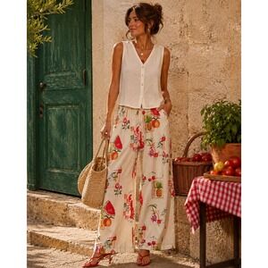 ASOS Design Women Postcard Print Wide Leg Cotton Linen Vacation Pants Cream  10